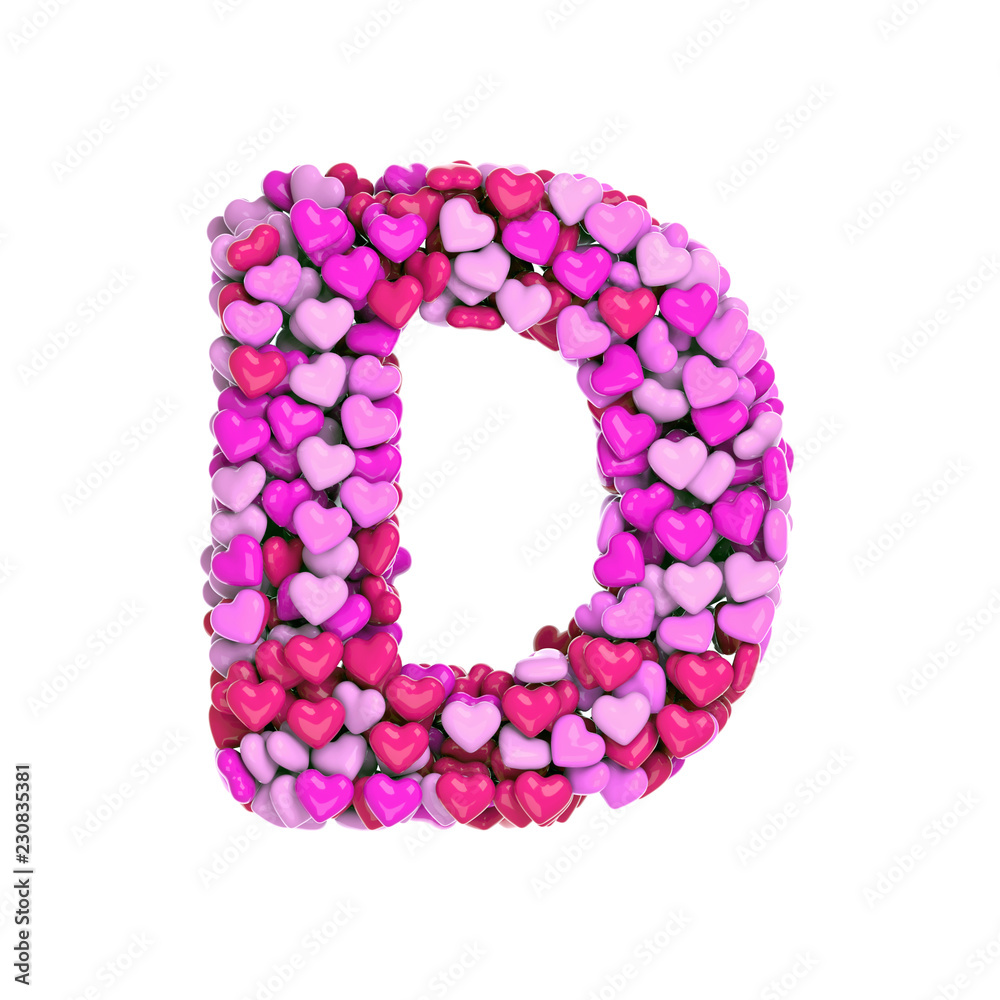 Valentine letter D - Capital 3d pink hearts font - Love, passion or wedding concept