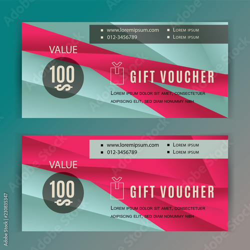 Vector gift voucher template. Universal flyer for business. Red turquoise triangle background. Gift voucher value 100 dollars for department stores, business. Abstract background