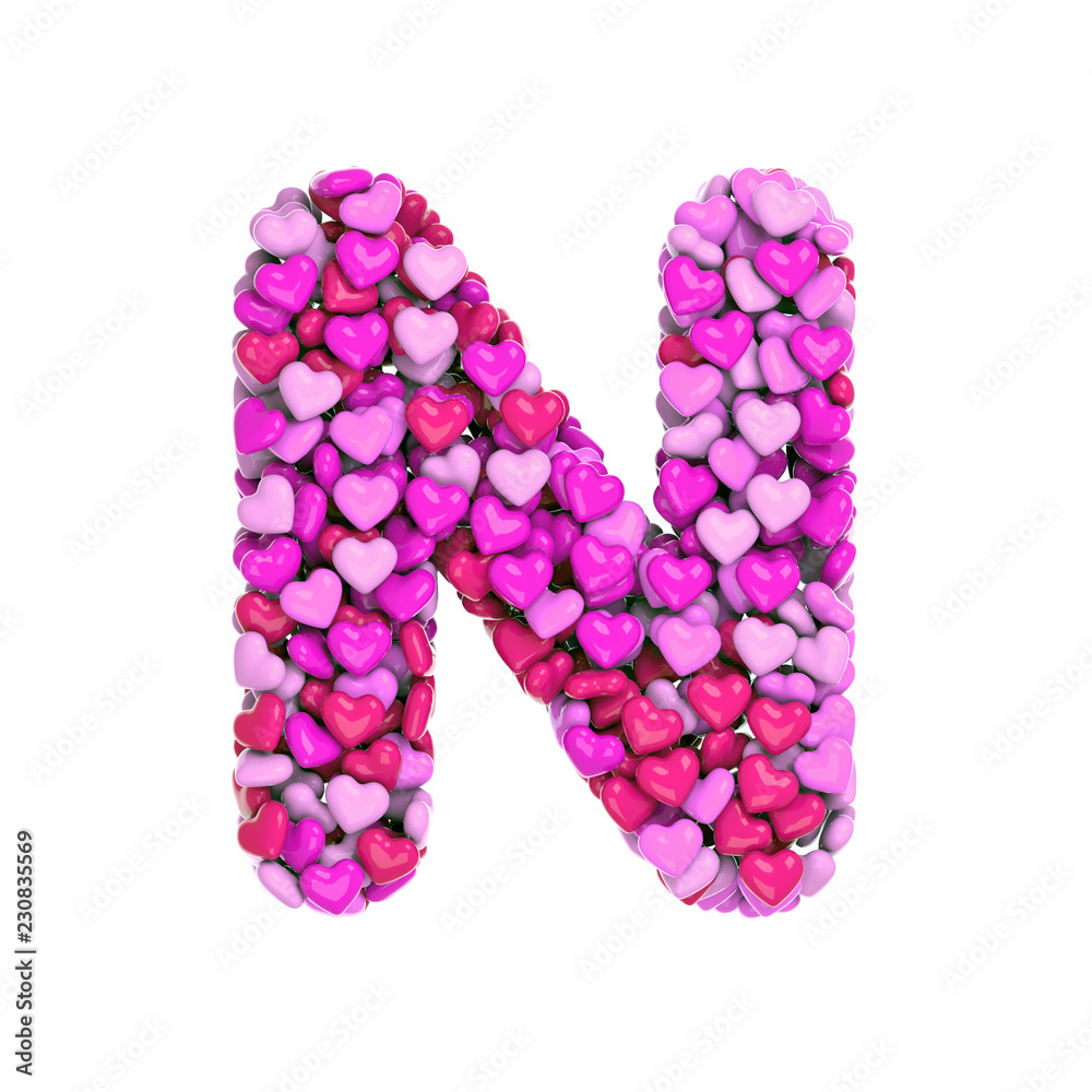 Valentine letter N - Capital 3d pink hearts font - Love, passion or wedding concept