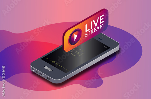 Isometric mobile phone and instagram live video stream icon. instagram online streaming via smartphone.  3d isometric vector illustration.