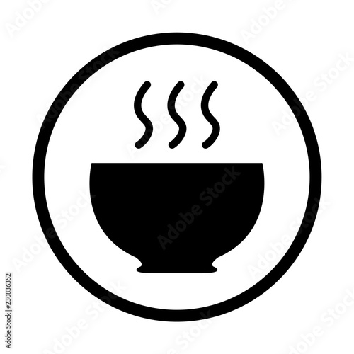 Hot meal cup steamy bowl food court logo. Food point sign. Food court icon.
