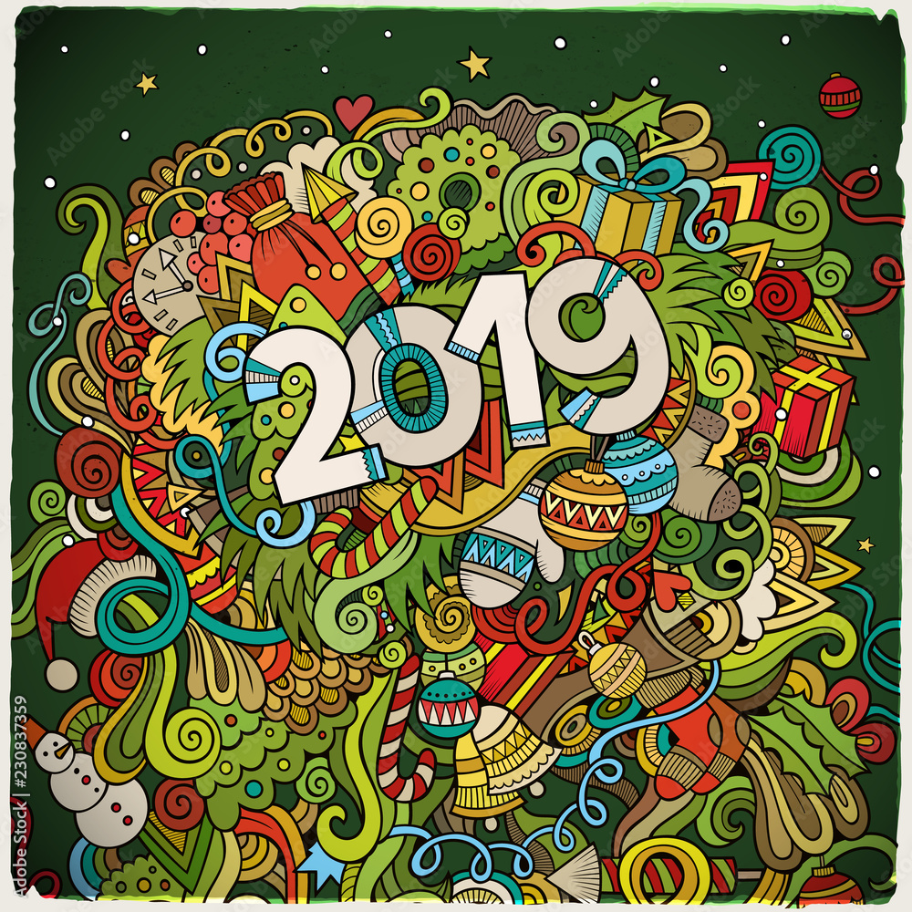 Obraz premium 2019 hand drawn doodles colorful illustration. New Year poster.