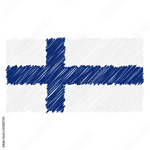 Hand Drawn National Flag Of Finland Isolated On A White Background. Vector Sketch Style Illustration. Unique Pattern Design For Brochures, Printed Materials, Logos, Independence Day