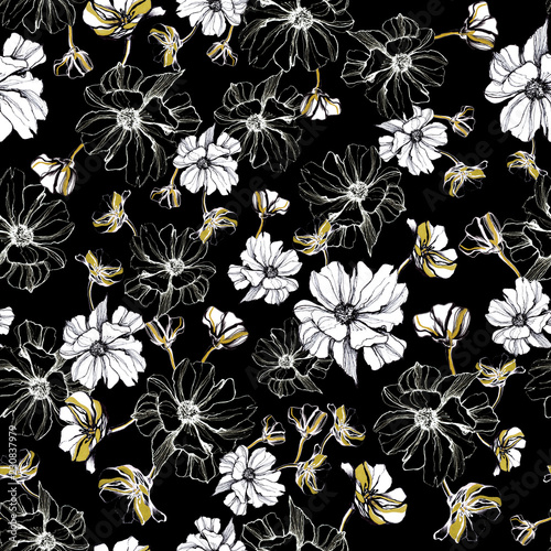 flowers hand-drawn in black, gold and white ink and marker on a seamless black background, for use in design, textile, Wallpaper, packaging