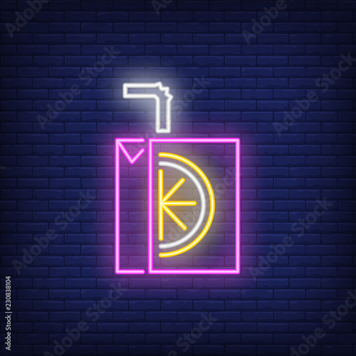 Carton of juice neon sign. Glowing illustration of pack of juice with piece of orange and plastic tube on blue brick background. Can be used for shops, grocery stores, advertisements, supermarkets