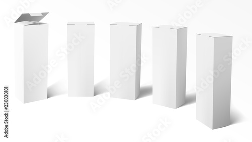 3D Set Of Realistic Vertical Tall White Cardboard Boxes
