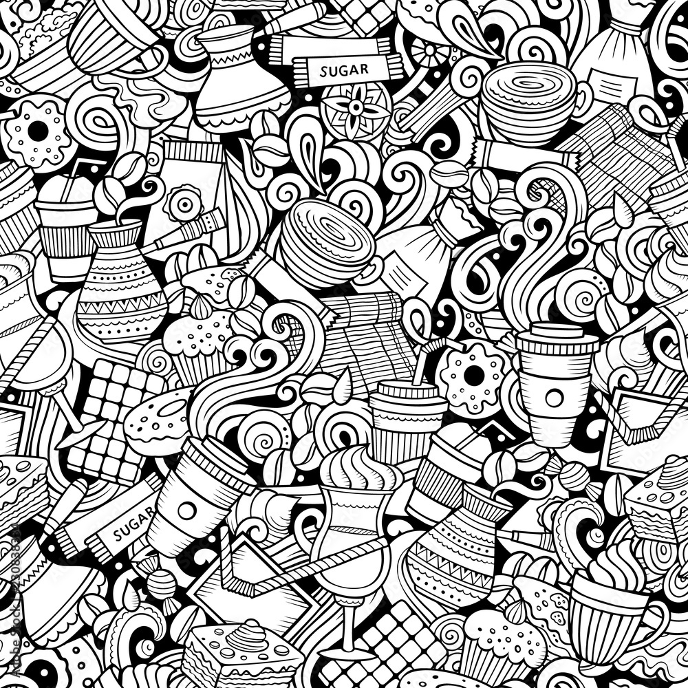 Cartoon cute doodles hand drawn Coffee Shop seamless pattern.