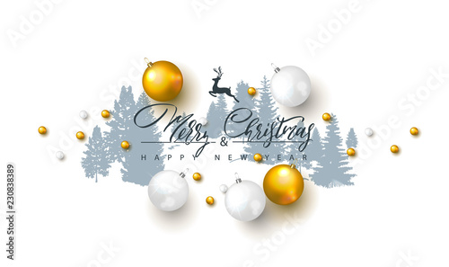 2019 Merry Christmas and Happy New year background with Christmas balls and silhouettes forest trees.Vector illustration for holiday greeting card, invitation, party flyer, poster, banner