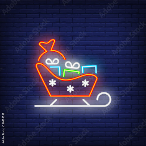 Santa sleigh neon sign. Glowing illustration of red sledge with bright gifts. Can be used for invitations, decoration, advertisement