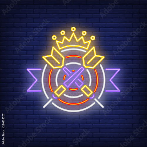 Two crossed darts on target with crown neon sign. Illustration of two crossed darts on target with crown on dark brick blue background. Can be used for topics like entertainment, games, advertisement