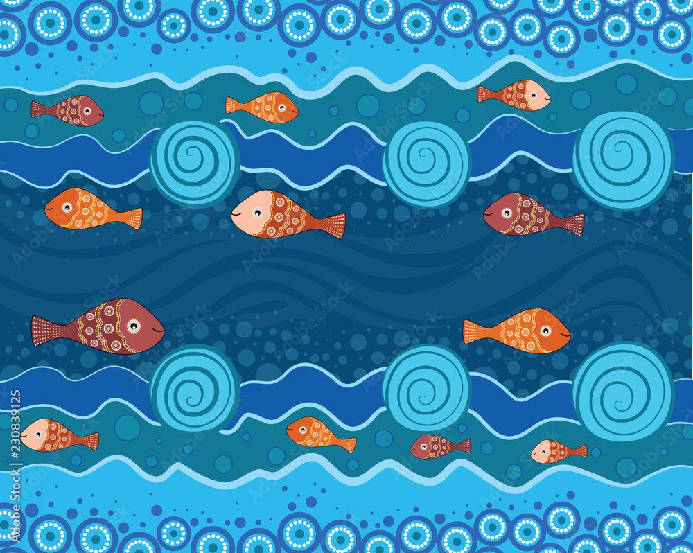 Aboriginal dot art painting with fish. Underwater concept, Landscape background wallpaper vector 