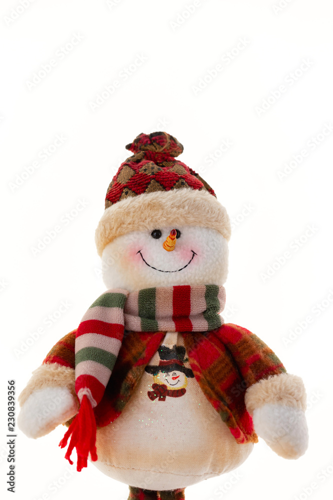 cheerful snowman in a fur hat and scarf, in a jacket on a white background. Concept of winter, christmas and new year. Isolated christmas symbol.