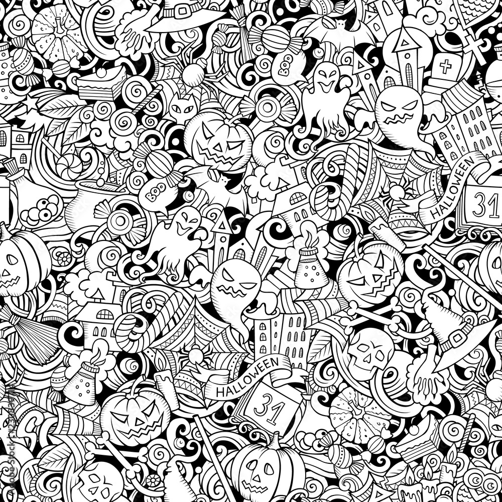 Cartoon cute doodles hand drawn Halloween seamless pattern. Cartoon cute doodles hand drawn Halloween seamless pattern.