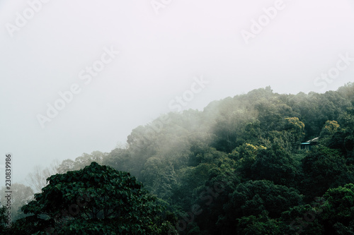 A small house surrounded by mountains and fog.