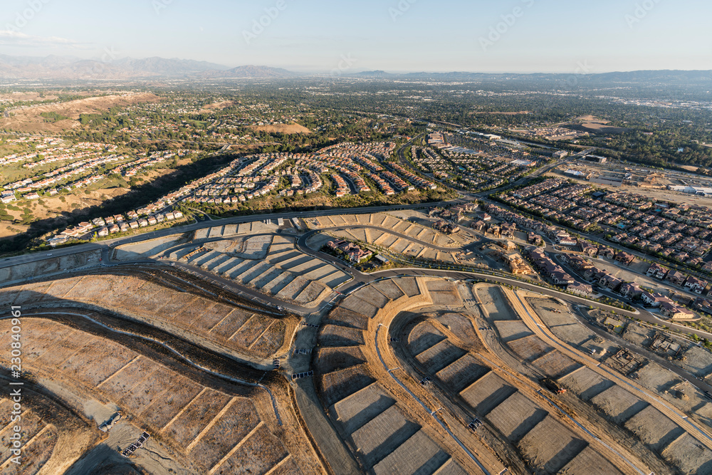 Aerial view of new neighborhood construction in the growing Porter Ranch community of Los Angeles, California.  