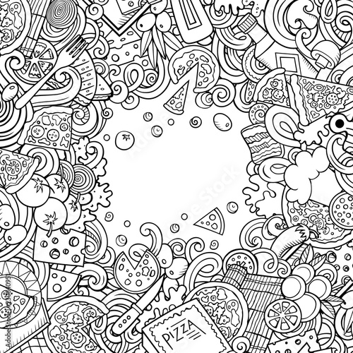 Cartoon vector doodles Pizza frame. Contour drawing pizzeria funny border