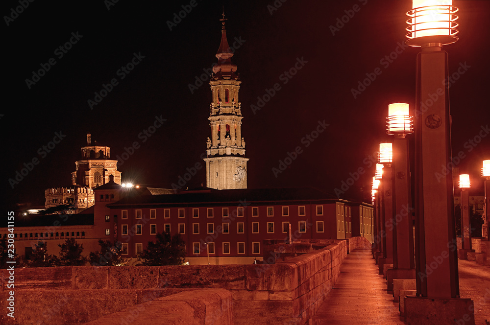Zaragoza (Saragossa) , Spain. Night view of Basilica Pillar. Capital city of of Aragon.
