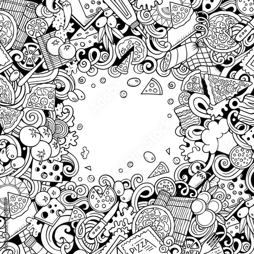 Cartoon vector doodles Pizza frame. Contour drawing pizzeria funny border