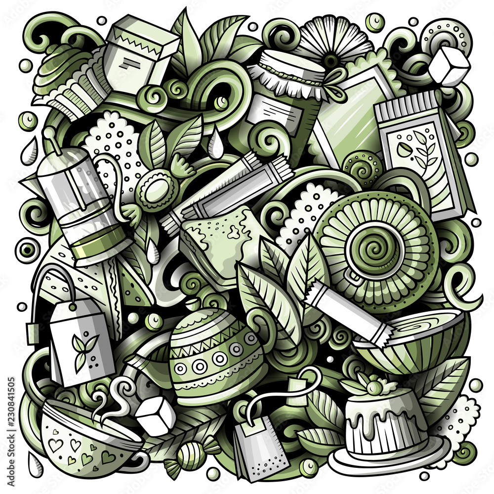 Cartoon vector doodles Tea illustration. Toned Cafe funny picture