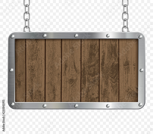 Retro signboard made of metal and wood hanging on chains.
