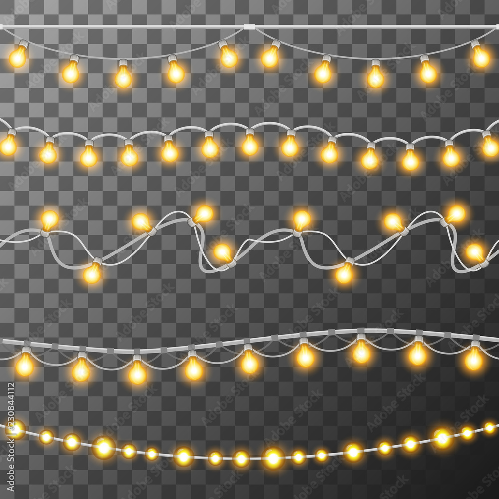 Set of glowing Christmas lights. Christmas garland lights. Decoration for christmas holiday and new year. Brushes festive strands of Christmas lights