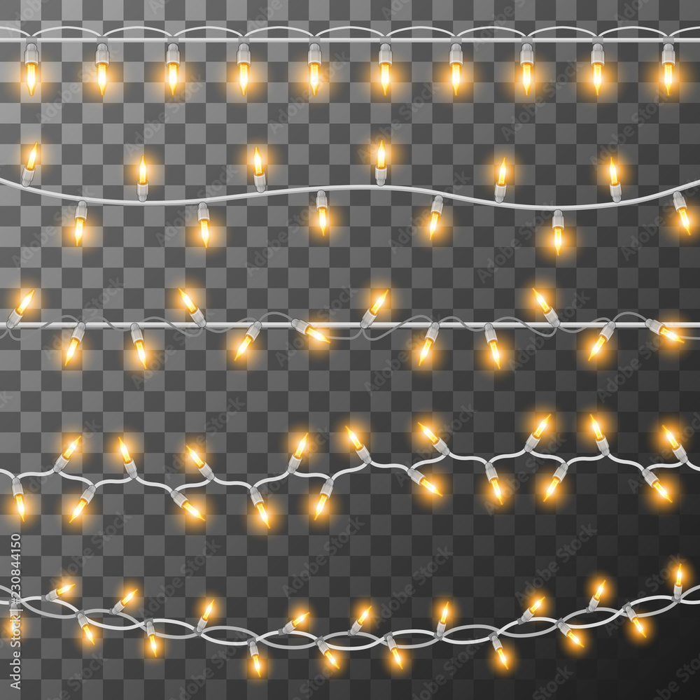 Set of glowing Christmas bulbs. Christmas garland lights. Decoration for christmas holiday and new year. Brushes festive strands of Christmas lights