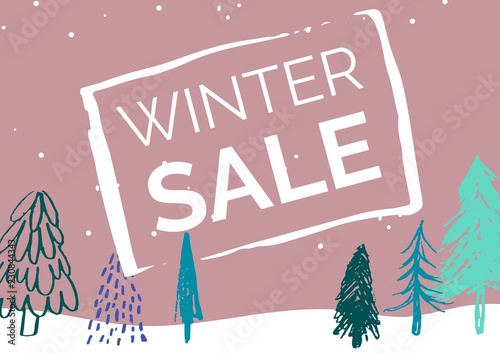 Winter Sale Illustrated Style with green firs and light pink