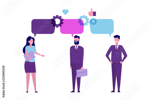 Businessmen discuss social network, news, chat, dialogue speech bubbles. Vector illustration.