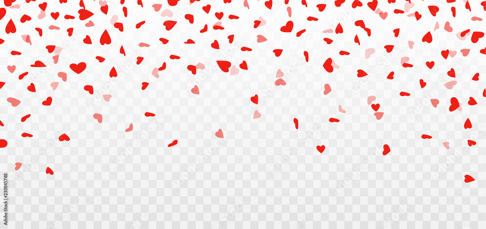 Heart confetti. Valentines day decoration. Flying hearts on transparent background. Vector
