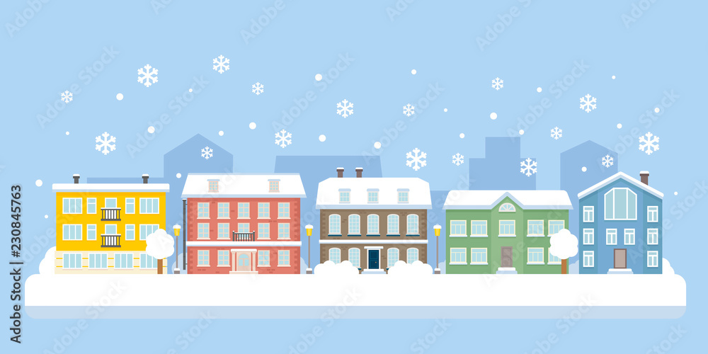Winter city snowy landscape. Vector illustration