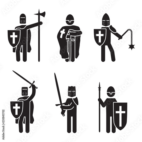 Knights icon set. Crusader knights set. Vector.