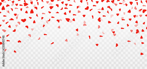 Heart confetti. Valentines day decoration. Flying hearts on transparent background. Vector