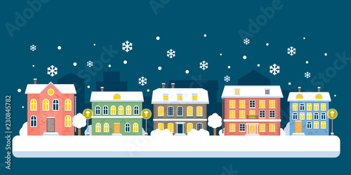 Winter night city snowy landscape. Vector illustration