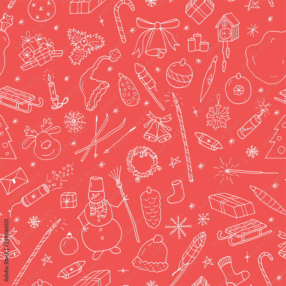 Seamless winter pattern with hand drawn christmas elements - doodle style Seamless winter pattern with hand drawn christmas elements - doodle style