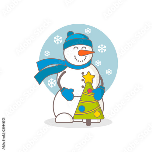 Snowman with Christmas tree vector illustration