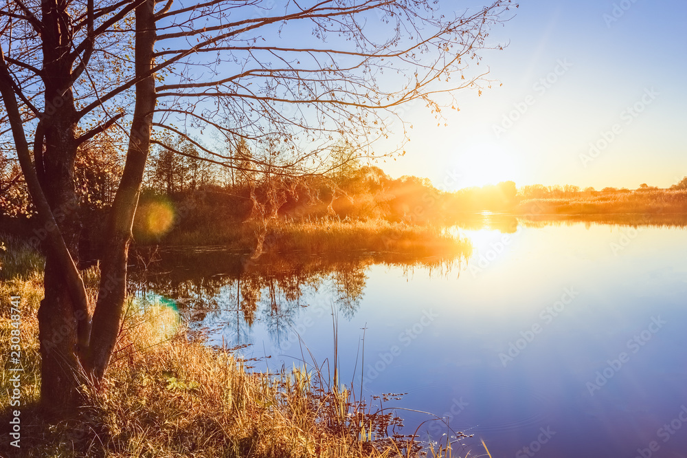 Obraz premium Sunset overlooking the river bank in autumn