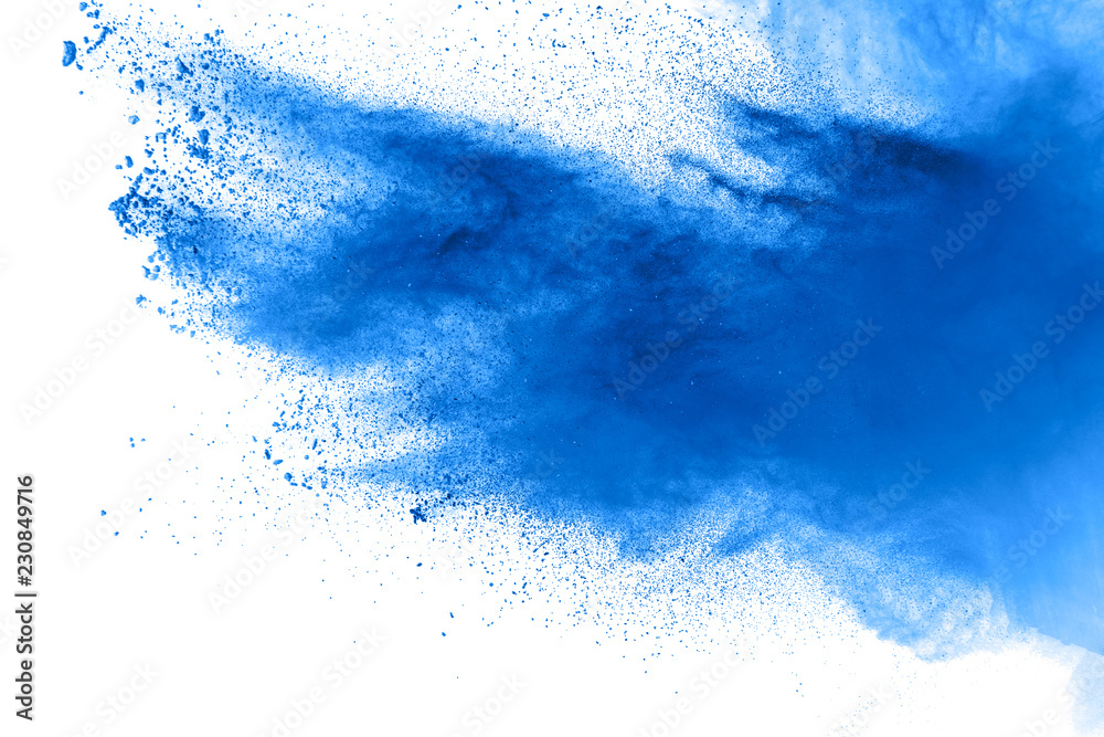 Bizarre forms of  blue powder explode cloud on background. Launched blue dust particles splash on white background.