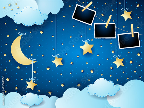 Surreal night with moon, hanging stars and photo frames