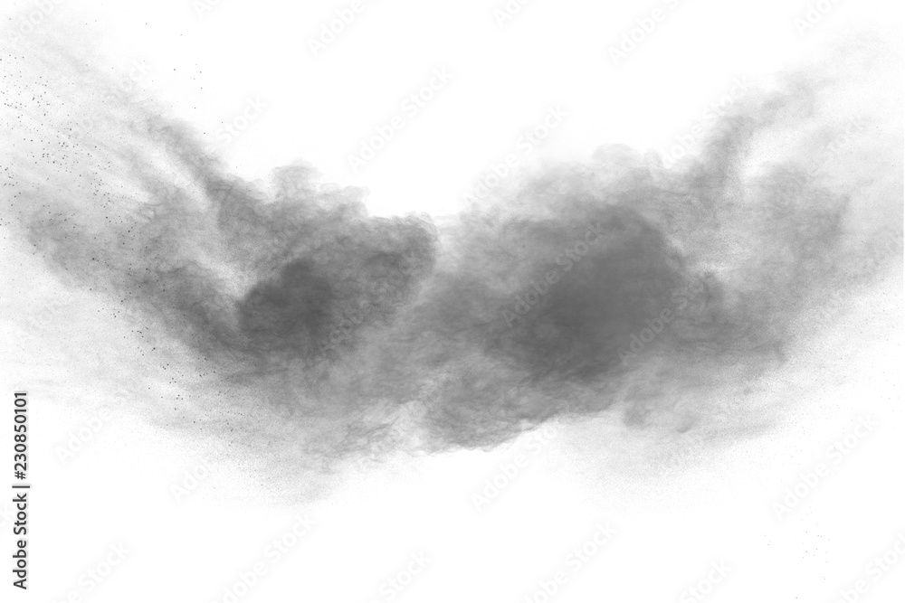 Black powder explosion on white background. Black dust particles splash.