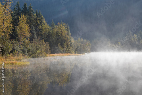 Photograph of fog sitting on a lake in the morning