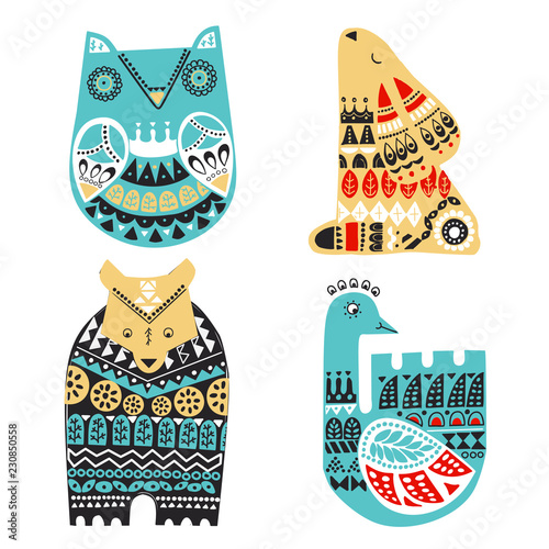 Nordic animals owl, hare, bear, swan in Scandinavian style