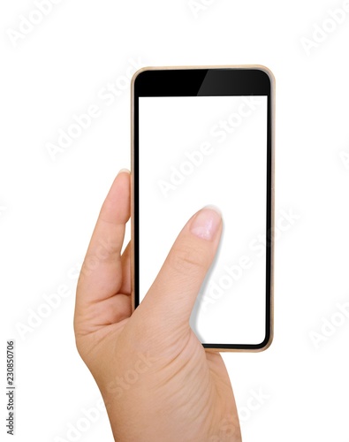 Isolated female hand holding and touching a black phone with white screen. Wrist and mobile smartphone on white background.