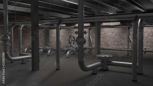 Large industrial boiler, pipes and valves room 3d illustration
