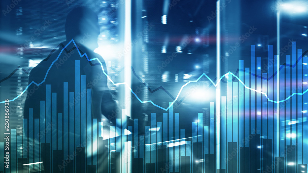 Double exposure Financial graphs and diagrams. Business, economics and investment concept.