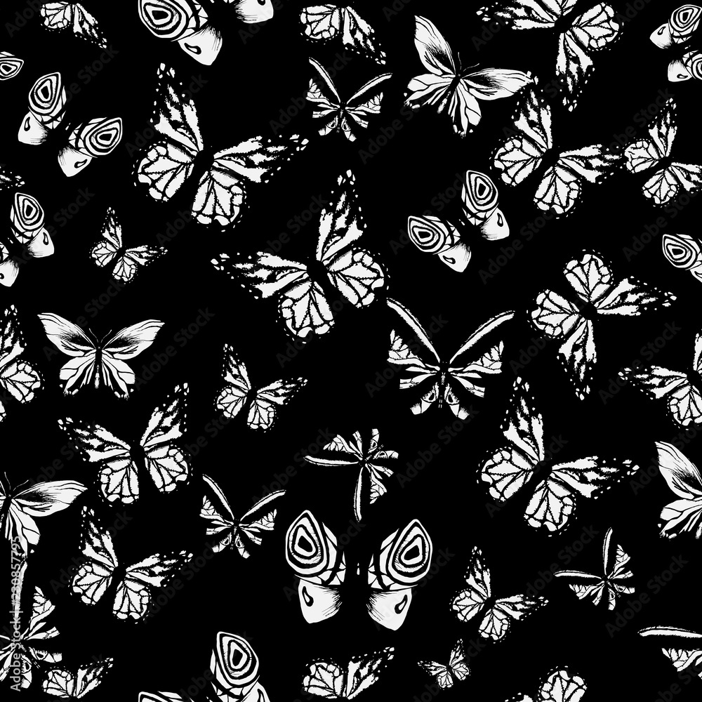 Vector. Art white butterflies on black, colors. Cute background for paper,  design of fabric, wrappers and wallpaper. seamless pattern. sketch, outline  Stock Vector | Adobe Stock