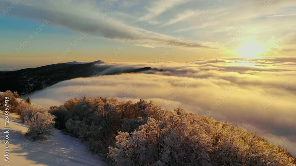 AERIAL, flying above snowy winter mountain forest covered with snow in the wilderness. Epic flight fly over winter sunrice landscape with drifting fog in the morning AERIAL, flying above snowy winter mountain forest covered with snow in the wilderness. Epic flight fly over winter sunrice landscape with drifting fog in the morning