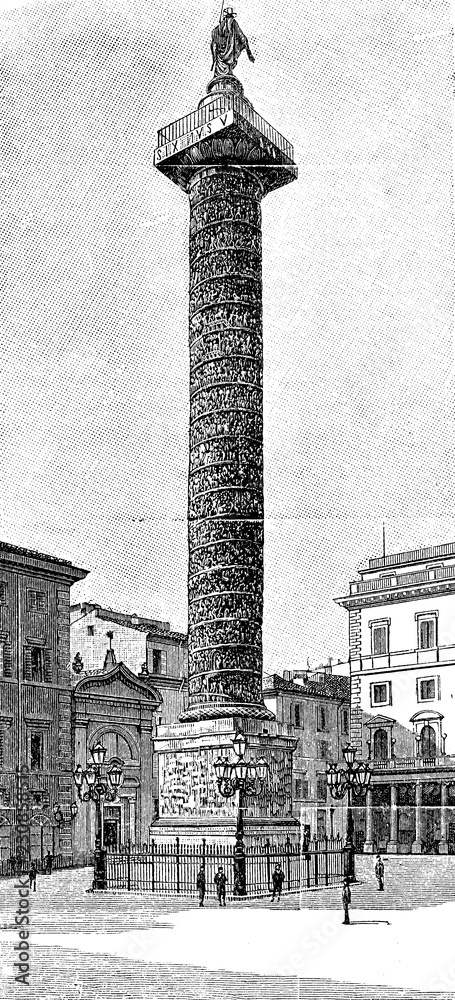 Obraz premium Vintage engraving of column of Antoninus Pius honorific monument in Rome, Italy, dedicated in 161 DC to emperor Antoninus Pius in the Campus Martius, built in red granite with a marble base