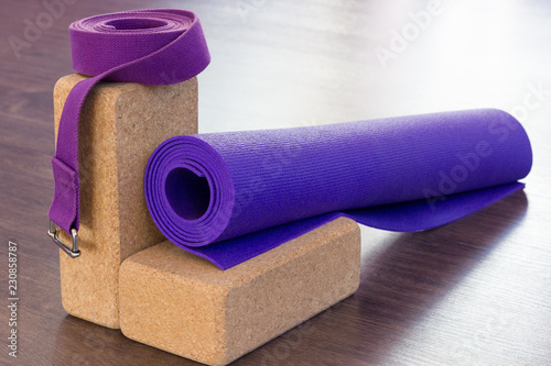 Fotografi Yoga studio props on wooden floor