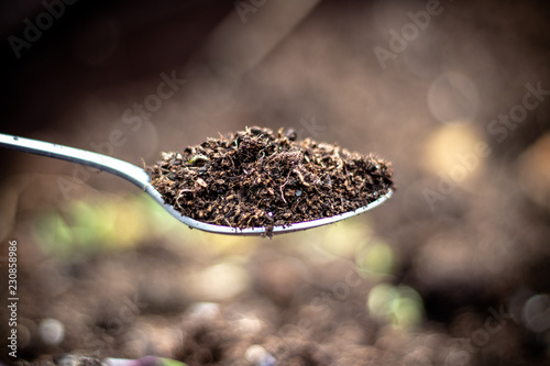 Photos Spoonful of soil/compost/mud on metallic stainless steel, shallow depth of field