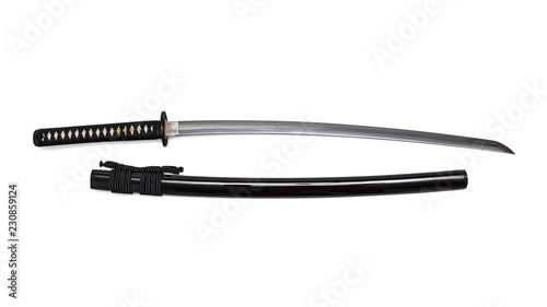 Japanese sword steel fitting and black cord with shiny black scabbard on white background.